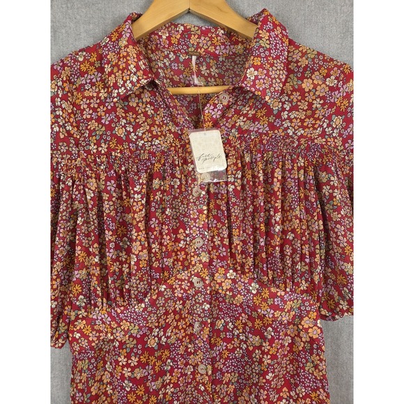 Free People L Bonnie Dark Pink Floral Mini Dress Empire Waist Boho‎ Prairie NEW - Picture 5 of 16